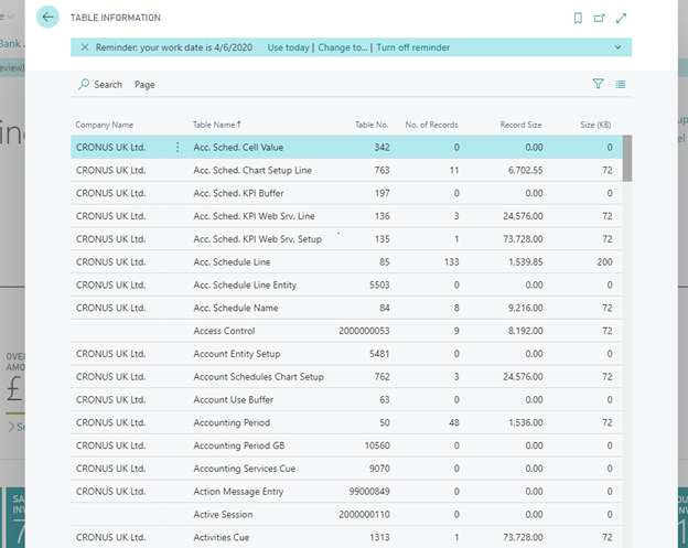 Easily look up information on table sizes