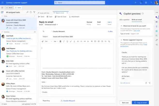 Copilot email-assistant in the 2023 first release for D365 Customer Service