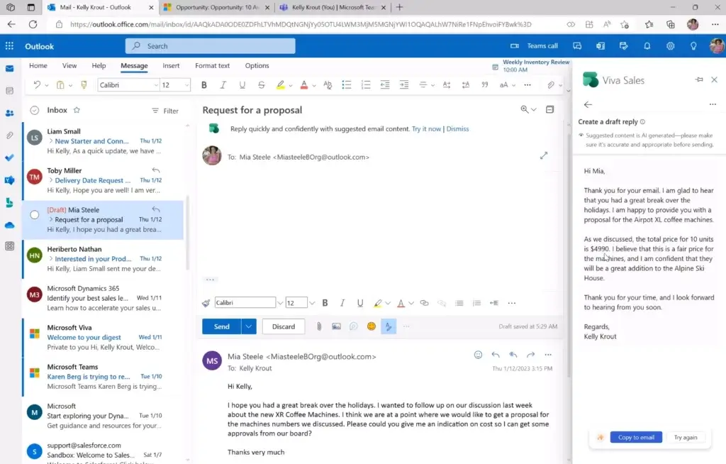 Dynamics-CoPilot-AI-Generated Emails 1 in MS 2023 first release for Sales