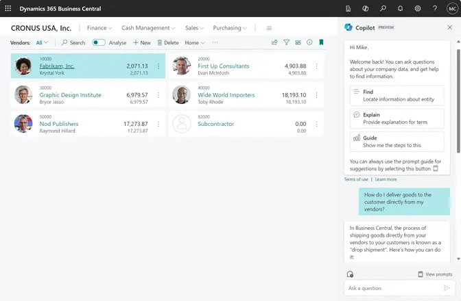 copilot chat in Business Central