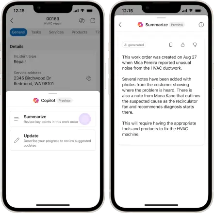 MS Copilot Summaries-Dynamics 365 Field Service Mobile App